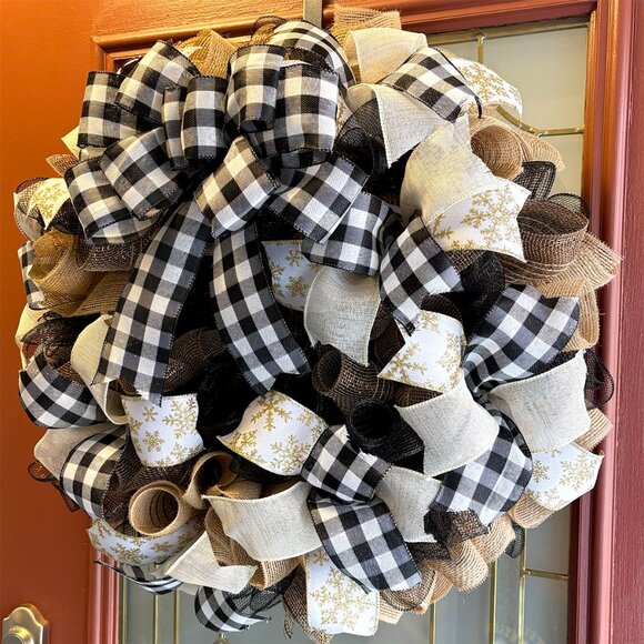 Black and White Buffalo Plaid Deco Mesh Wreath - 24 inch - Picture 2 of 3